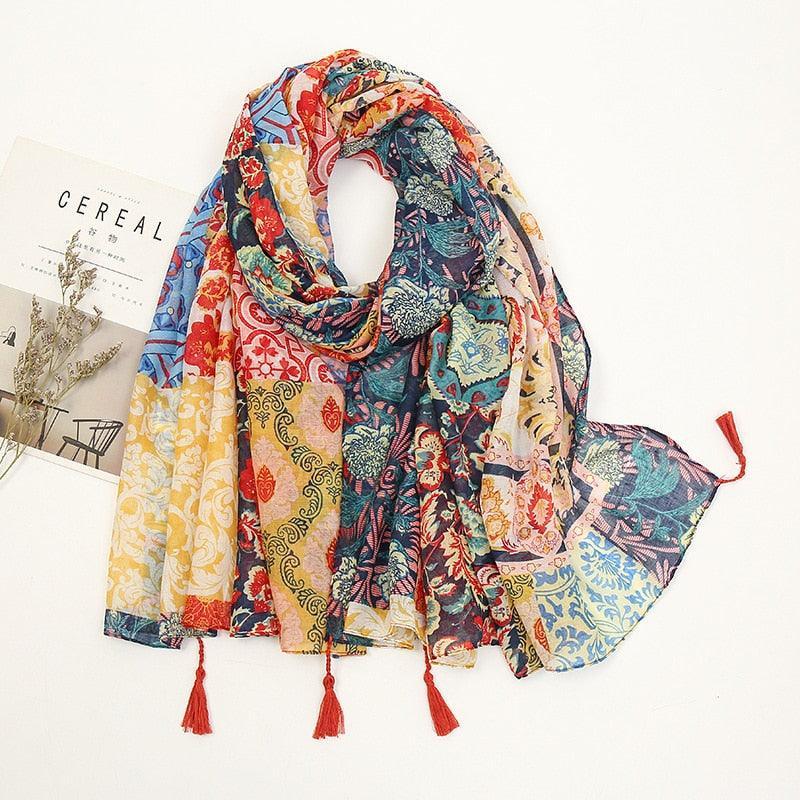 Aztec Floral Tassel Viscose Shawl Scarf - Jazmie Jamaludin