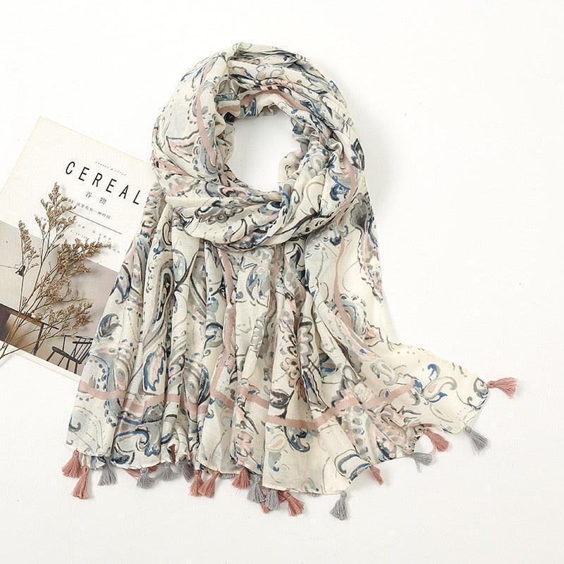 Aztec Floral Tassel Viscose Shawl Scarf - Jazmie Jamaludin