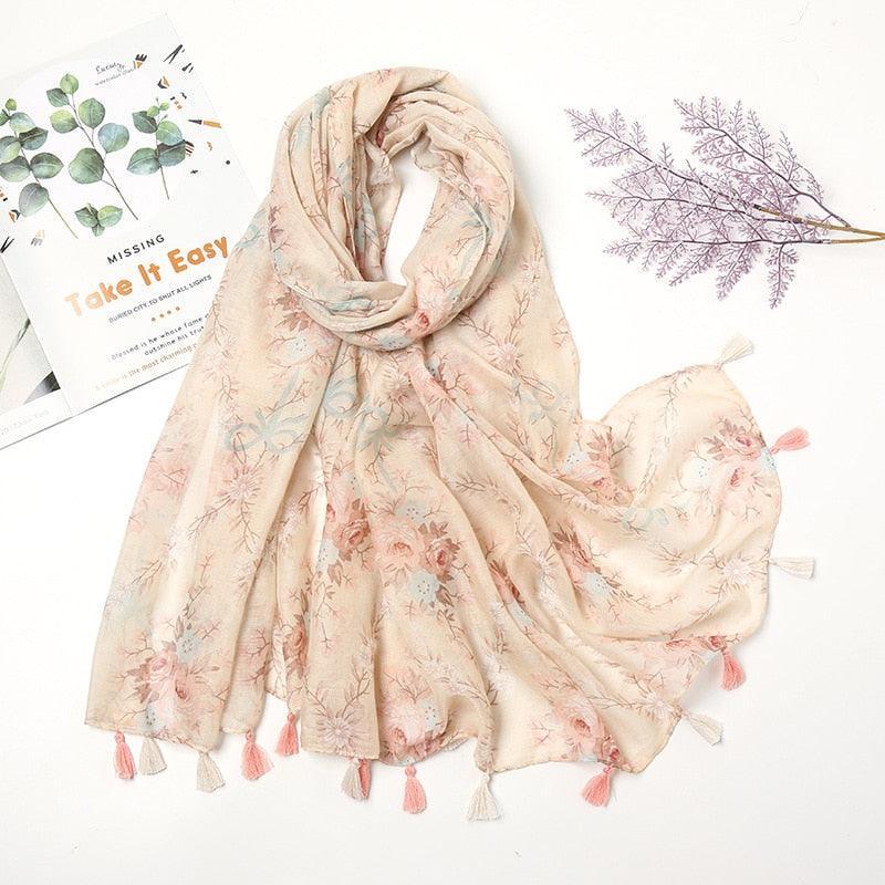 Aztec Floral Tassel Viscose Shawl Scarf - Jazmie Jamaludin