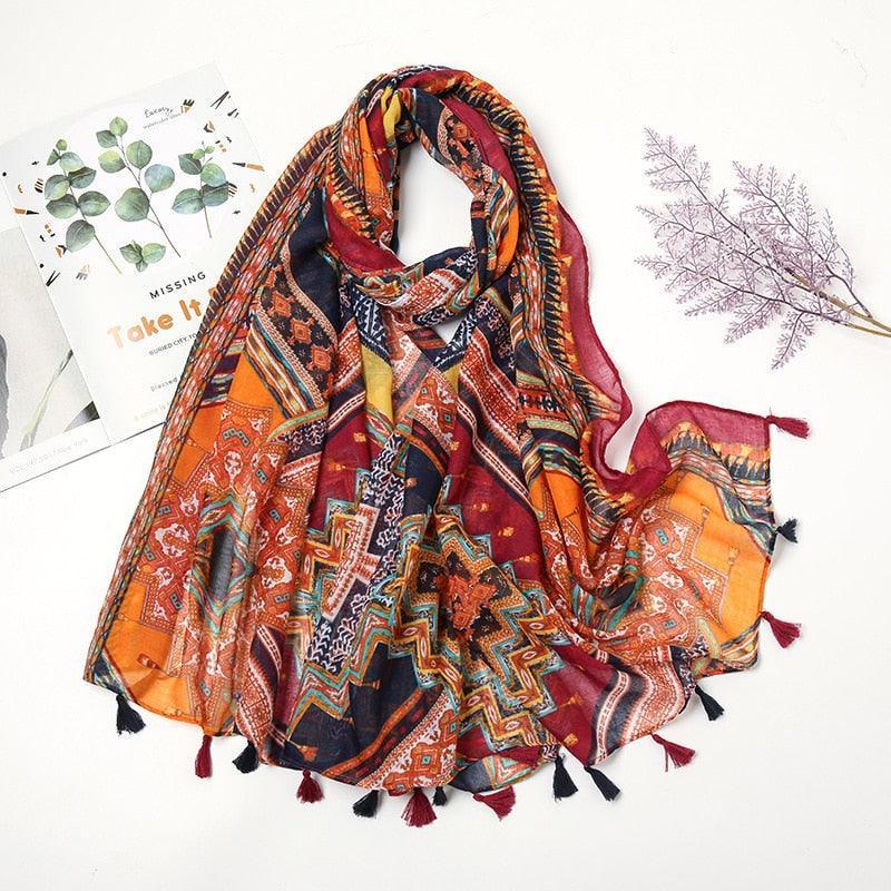 Aztec Floral Tassel Viscose Shawl Scarf - Jazmie Jamaludin
