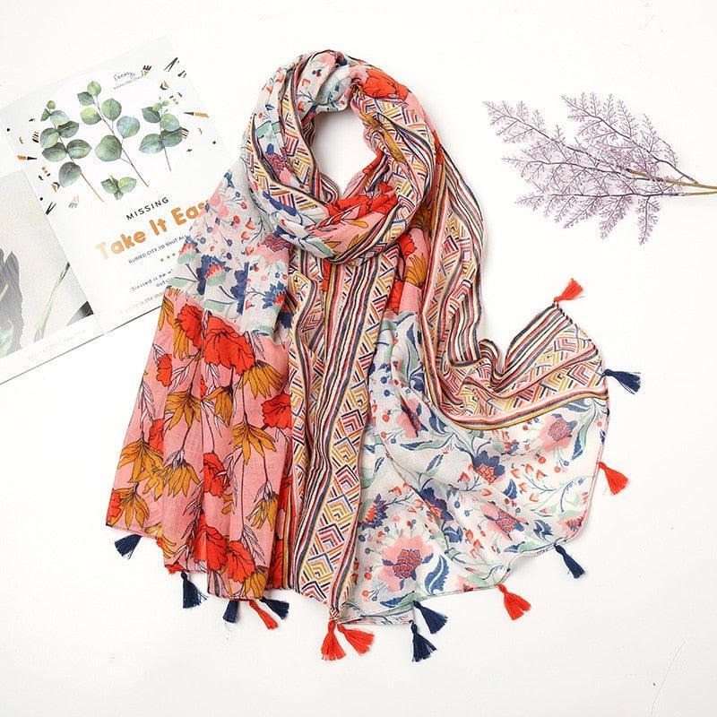 Aztec Floral Tassel Viscose Shawl Scarf - Jazmie Jamaludin