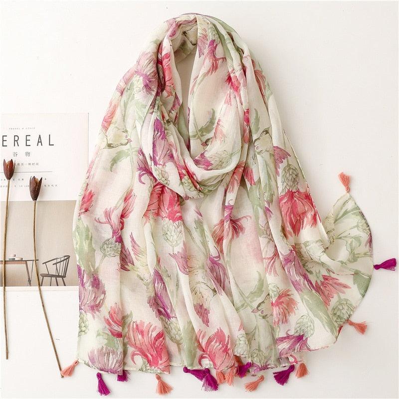 Aztec Floral Tassel Viscose Shawl Scarf - Jazmie Jamaludin