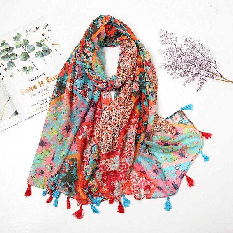 Aztec Floral Tassel Viscose Shawl Scarf - Jazmie Jamaludin