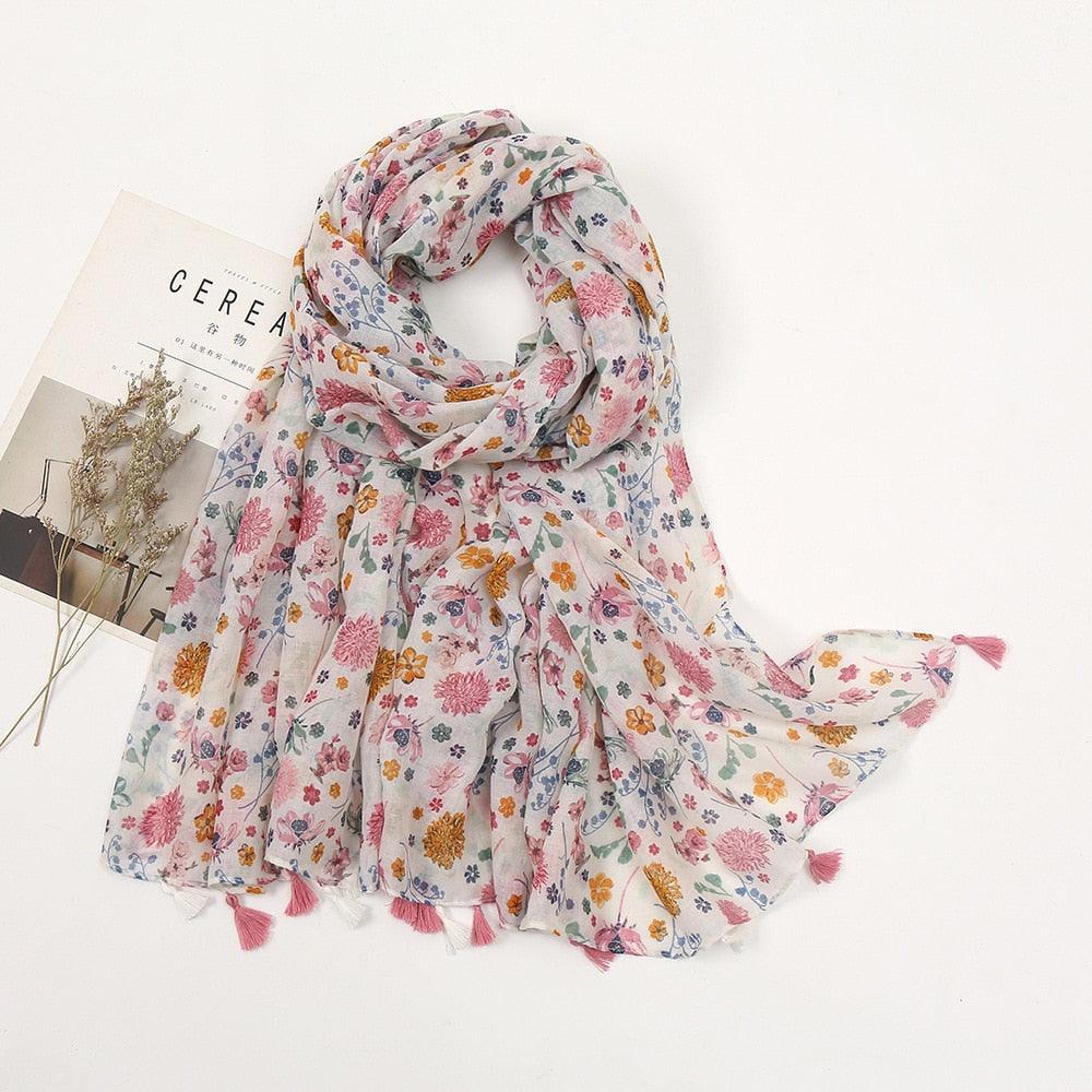 Aztec Floral Tassel Viscose Shawl Scarf - Jazmie Jamaludin