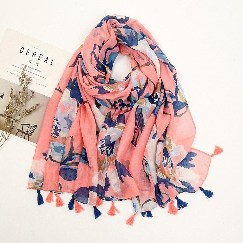 Aztec Floral Tassel Viscose Shawl Scarf - Jazmie Jamaludin