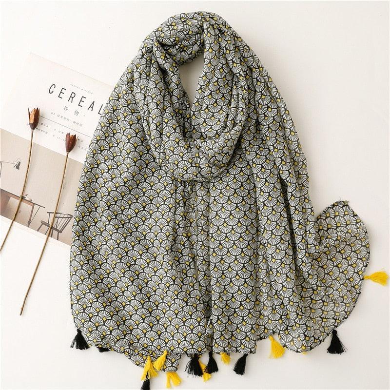Aztec Floral Tassel Viscose Shawl Scarf - Jazmie Jamaludin