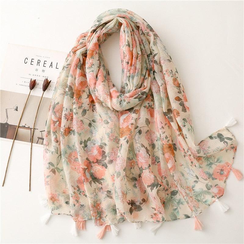 Aztec Floral Tassel Viscose Shawl Scarf - Jazmie Jamaludin