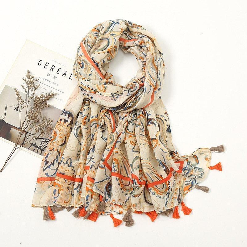Aztec Floral Tassel Viscose Shawl Scarf - Jazmie Jamaludin