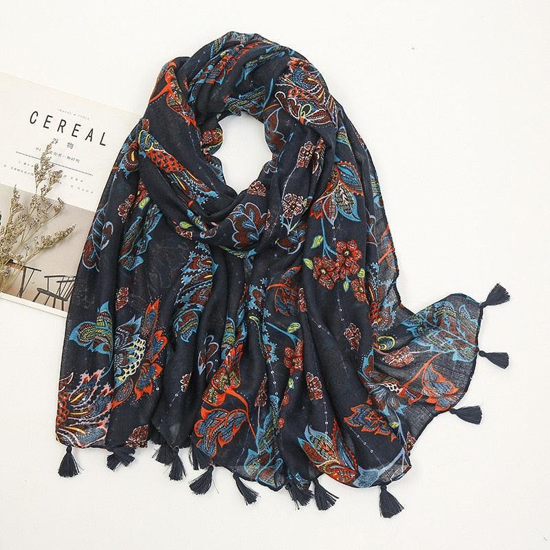 Aztec Floral Tassel Viscose Shawl Scarf - Jazmie Jamaludin