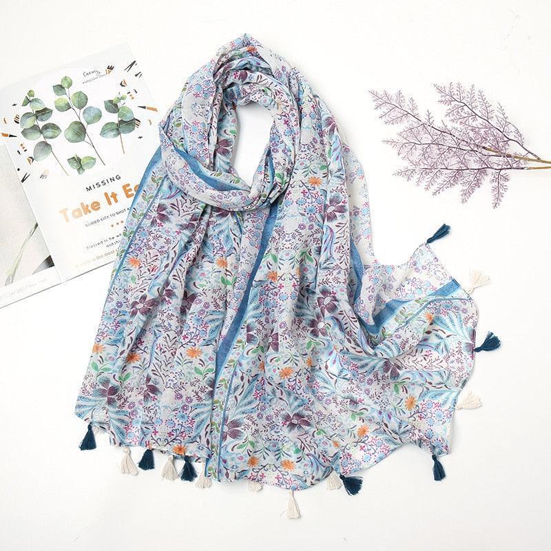 Aztec Floral Tassel Viscose Shawl Scarf - Jazmie Jamaludin