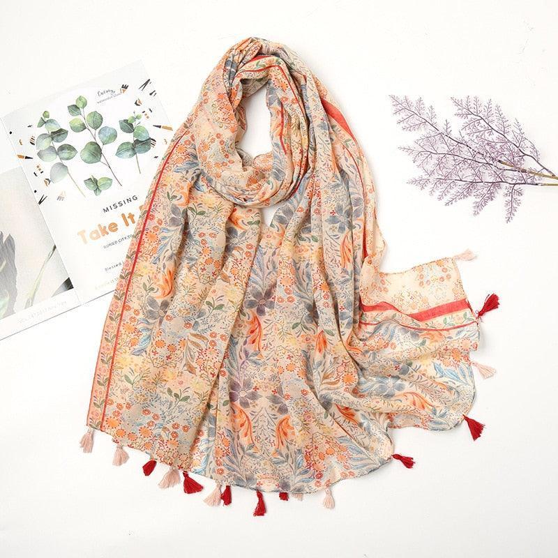 Aztec Floral Tassel Viscose Shawl Scarf - Jazmie Jamaludin