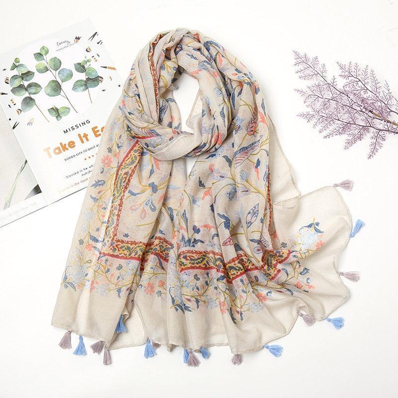 Aztec Floral Tassel Viscose Shawl Scarf - Jazmie Jamaludin