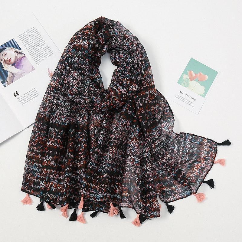 Aztec Floral Tassel Viscose Shawl Scarf - Jazmie Jamaludin