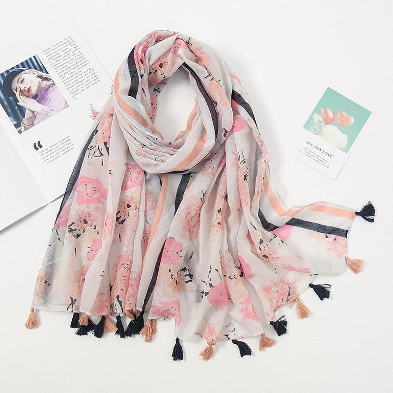 Aztec Floral Tassel Viscose Shawl Scarf - Jazmie Jamaludin