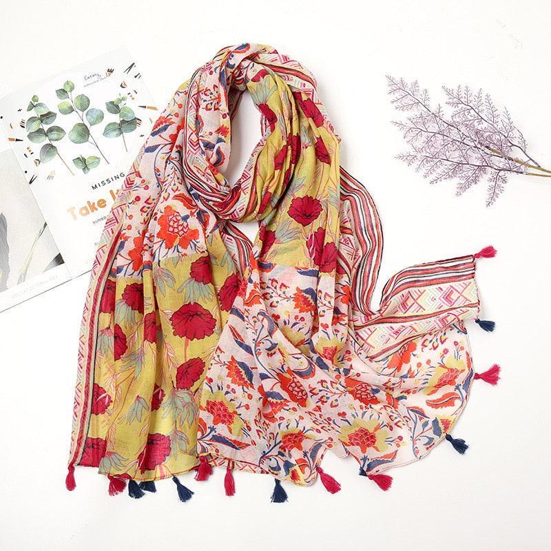 Aztec Floral Tassel Viscose Shawl Scarf - Jazmie Jamaludin
