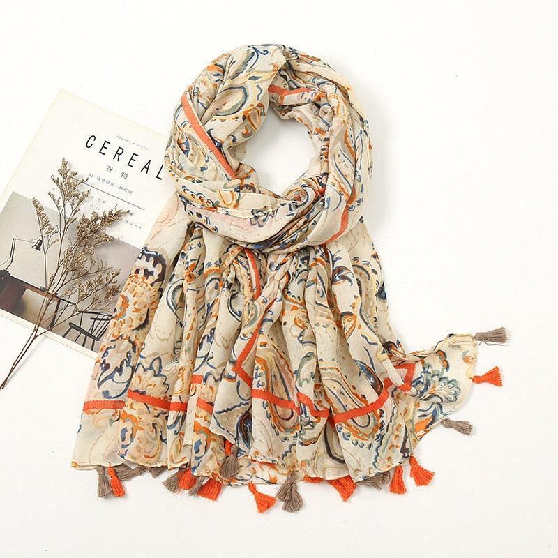Aztec Floral Tassel Viscose Shawl Scarf - Jazmie Jamaludin