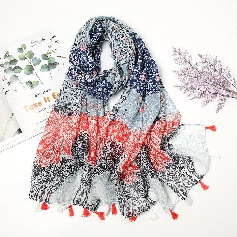 Aztec Floral Tassel Viscose Shawl Scarf - Jazmie Jamaludin