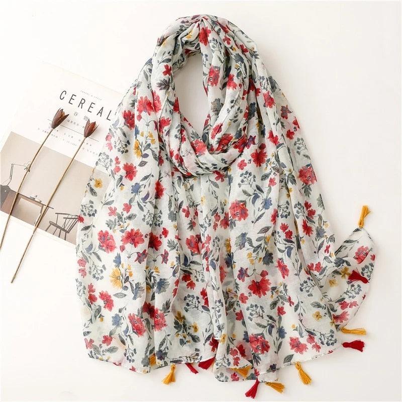 Aztec Floral Tassel Viscose Shawl Scarf - Jazmie Jamaludin