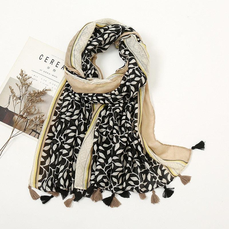 Aztec Floral Tassel Viscose Shawl Scarf - Jazmie Jamaludin